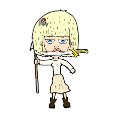 comic cartoon woman with knife and harpoon