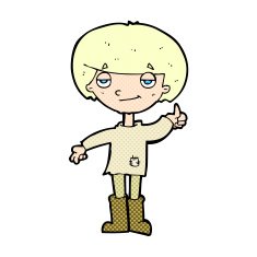 comic cartoon boy in poor clothing giving thumbs up symbol