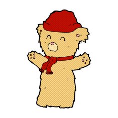 comic cartoon teddy bear in hat and scarf