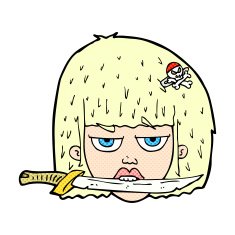 comic cartoon woman holding knife between teeth