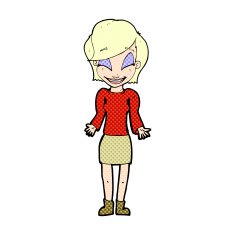 comic cartoon happy woman shrugging shoulders