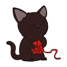 comic cartoon cute black cat playing with ball of yarn