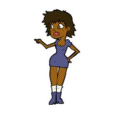 comic cartoon worried woman in dress pointing N2