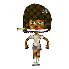 comic cartoon woman with knife between teeth N7