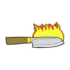 comic cartoon kitchen knife on fire