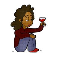 comic cartoon unhappy woman with glass of wine N2