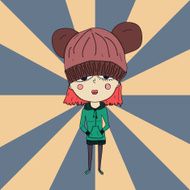 Cute cartoon teenage girl with big head in hat N2