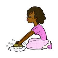 comic cartoon woman scrubbing floor