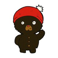 comic cartoon waving black teddy bear in winter hat