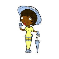 comic cartoon woman in summer hat waving N2