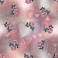 Doodles Valentines day pattern on blur background and roses