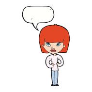 cartoon woman gesturing at herself with speech bubble N9