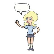 cartoon pretty woman waving for attention with speech bubble N9