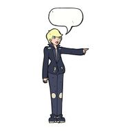 cartoon woman in leather jacket pointing with speech bubble N9
