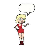 cartoon worried woman in dress pointing with speech bubble N9