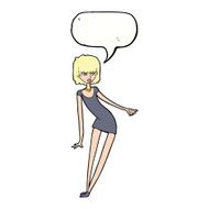 cartoon woman in dress leaning with speech bubble N9