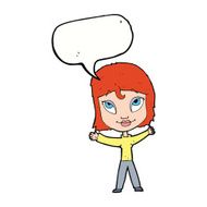 cartoon happy woman waving arms with speech bubble N9