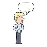 cartoon boy with folded arms speech bubble N15