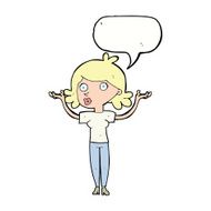cartoon woman throwing arms in air with speech bubble N8