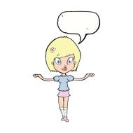 cartoon woman making balancing gesture with speech bubble N9