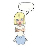 cartoon woman kneeling with speech bubble N9