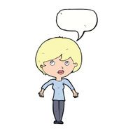 cartoon woman shrugging shoulders with speech bubble N403