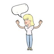 cartoon woman throwing hands in air with speech bubble N9