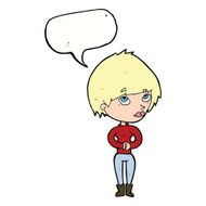 cartoon woman considering with speech bubble N9