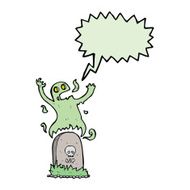 cartoon ghost rising from grave with speech bubble N22