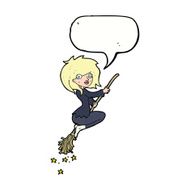 cartoon witch riding broomstick with speech bubble N17