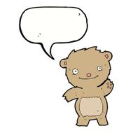 cartoon waving teddy bear with speech bubble