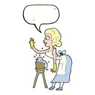 cartoon housewife washing up with speech bubble N9