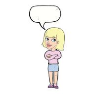 cartoon happy woman looking over with speech bubble N9
