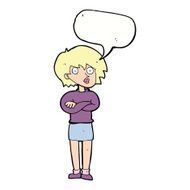 cartoon woman wit crossed arms with speech bubble N9
