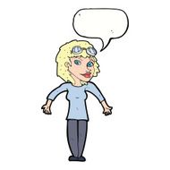 cartoon woman wearing goggles with speech bubble N9