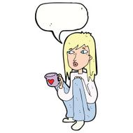 cartoon woman sitting with cup of coffee speech bubble N9