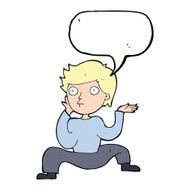 cartoon boy doing crazy dance with speech bubble N7