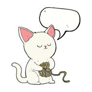 cartoon cat playing with ball of yarn speech bubble