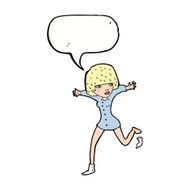 cartoon woman kicking off sock with speech bubble N9