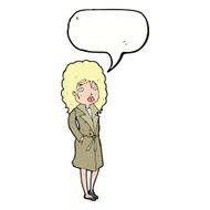 cartoon woman in trench coat with speech bubble N25