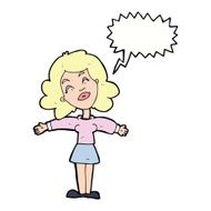 cartoon woman with open arms speech bubble N84