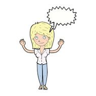 cartoon woman holding up hands with speech bubble N17