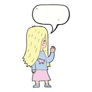 cartoon girl with pony shirt waving speech bubble N8