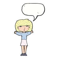 cartoon woman raising arms in air with speech bubble N9