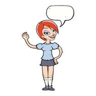 cartoon waving woman with speech bubble N127
