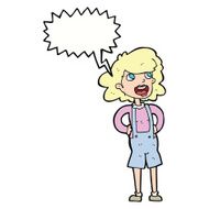 cartoon woman in dungarees with speech bubble N9