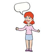 cartoon happy woman shrugging shoulders with speech bubble N17