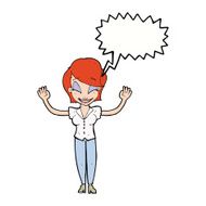 cartoon pretty woman with hands in air speech bubble N9