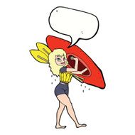 cartoon woman carrying canoe with speech bubble N8