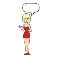 cartoon confused woman in cocktail dress with speech bubble N9